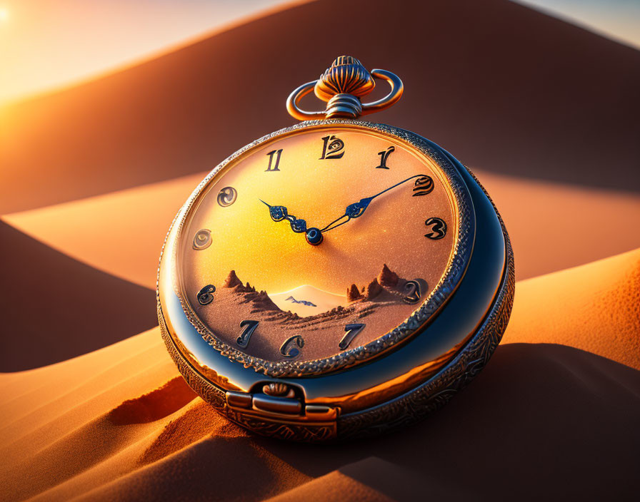 Ornate pocket watch in desert sunset with bird silhouettes