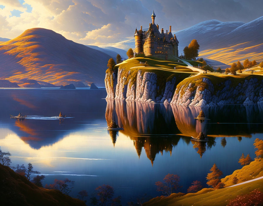 Majestic castle on steep cliff reflected in serene lake