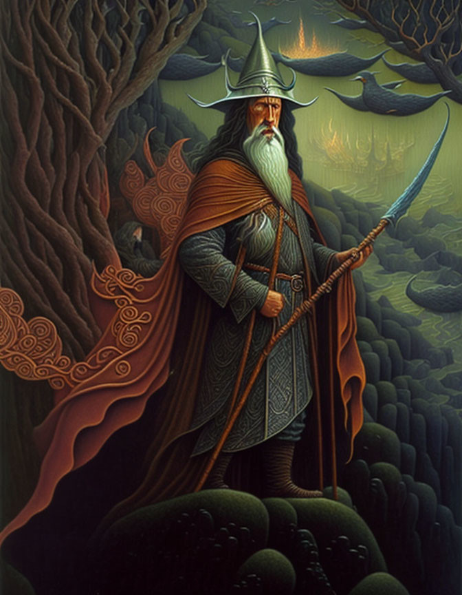 Illustrated wizard with long beard in helmet and cloak against mystical forest.