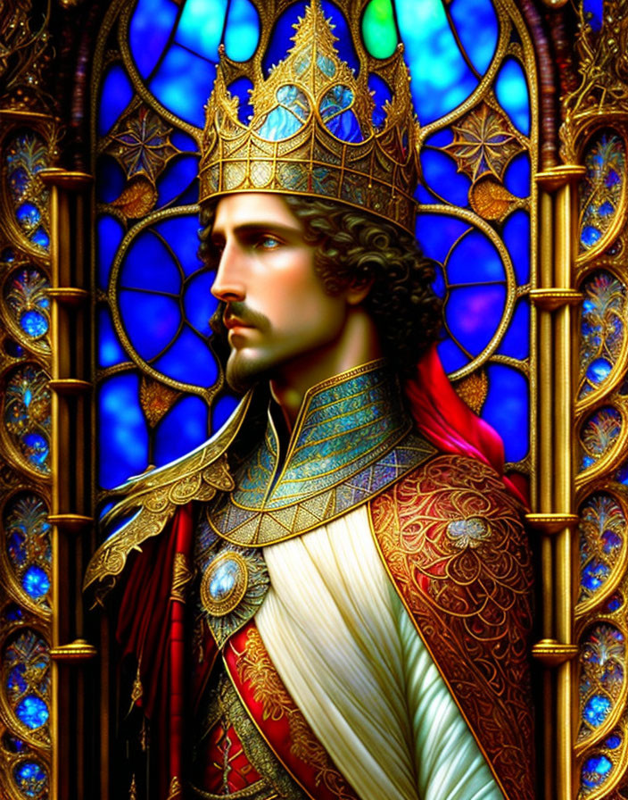 Regal figure in golden crown and ornate robes before stained glass window