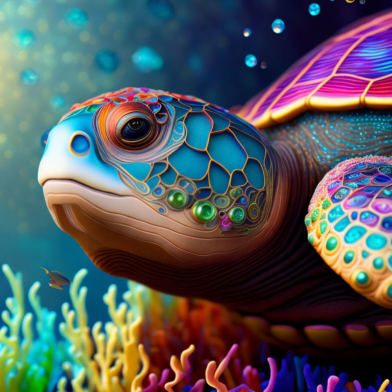 Vibrant digital artwork of stylized turtle among coral reefs