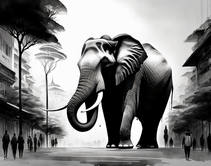 Monochrome artwork of giant elephant in city street