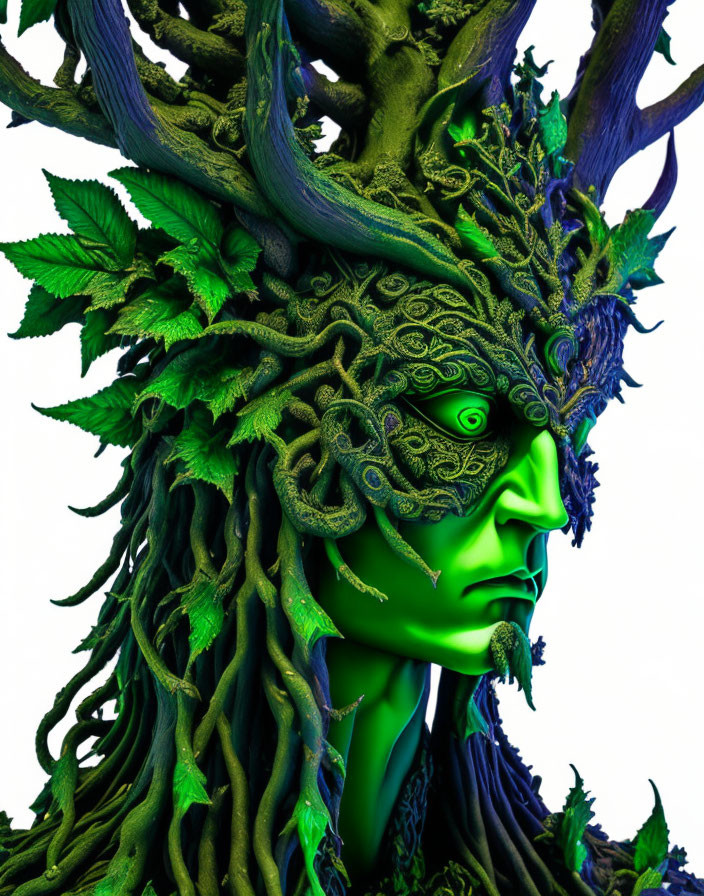 Green nature spirit with tree elements and antlers symbolizing deity