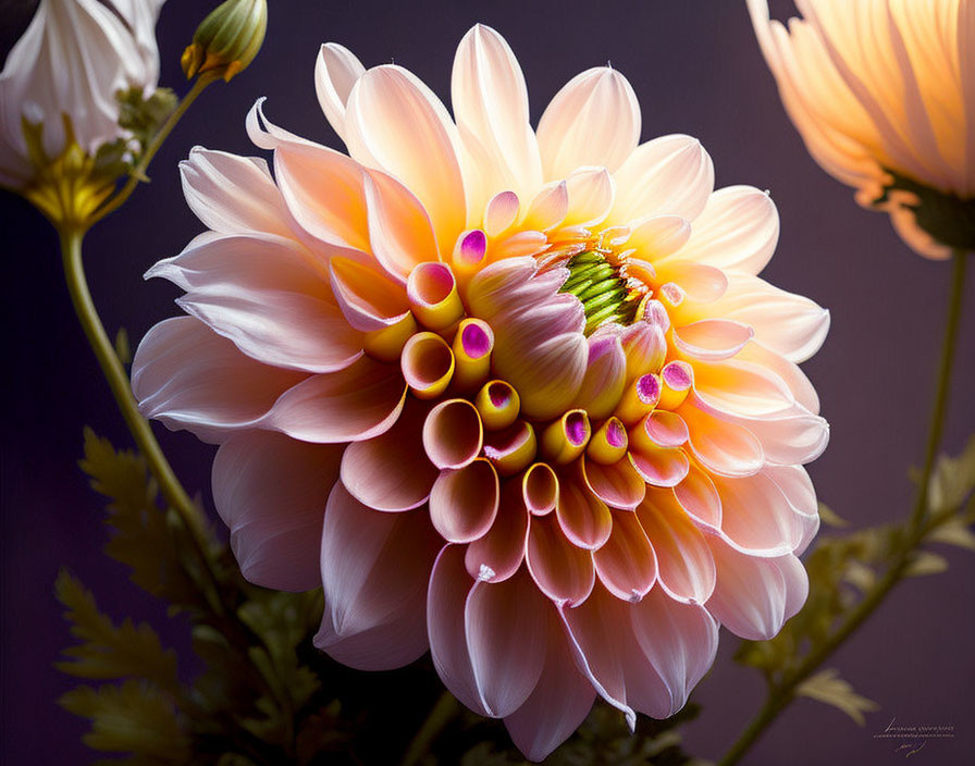 Colorful Dahlia Flower with Pink and Peach Petals on Purple Background