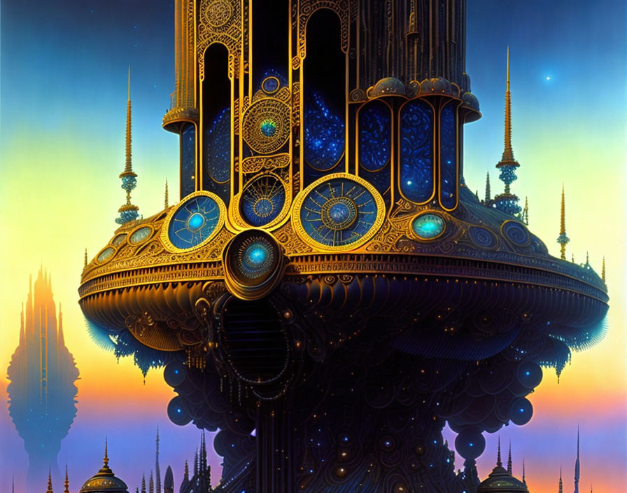 Futuristic golden-blue cityscape in dusk sky with intricate architecture