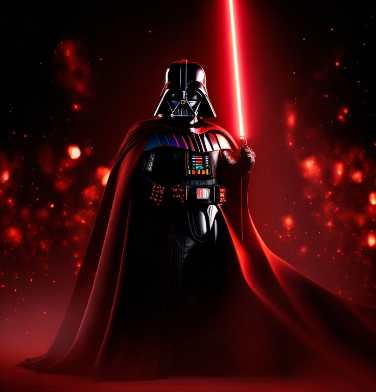 Black-armored figure with red lightsaber in dark red backdrop