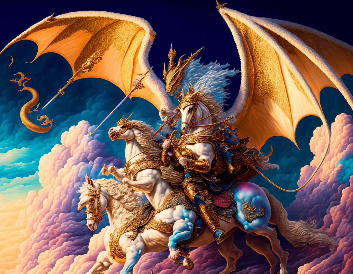 Fantastical knight on winged horse in vibrant sky