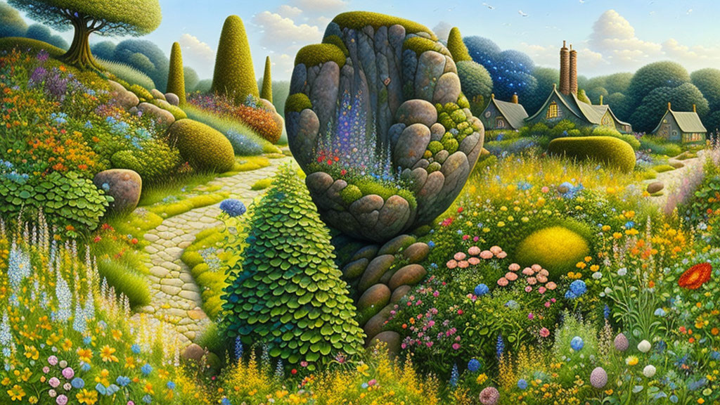 Colorful Landscape with Hand-Shaped Stone Arrangement