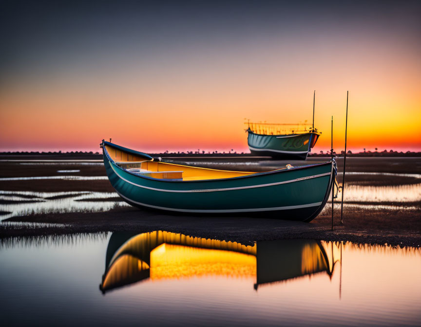 Boats on tranquil water with sunset reflections