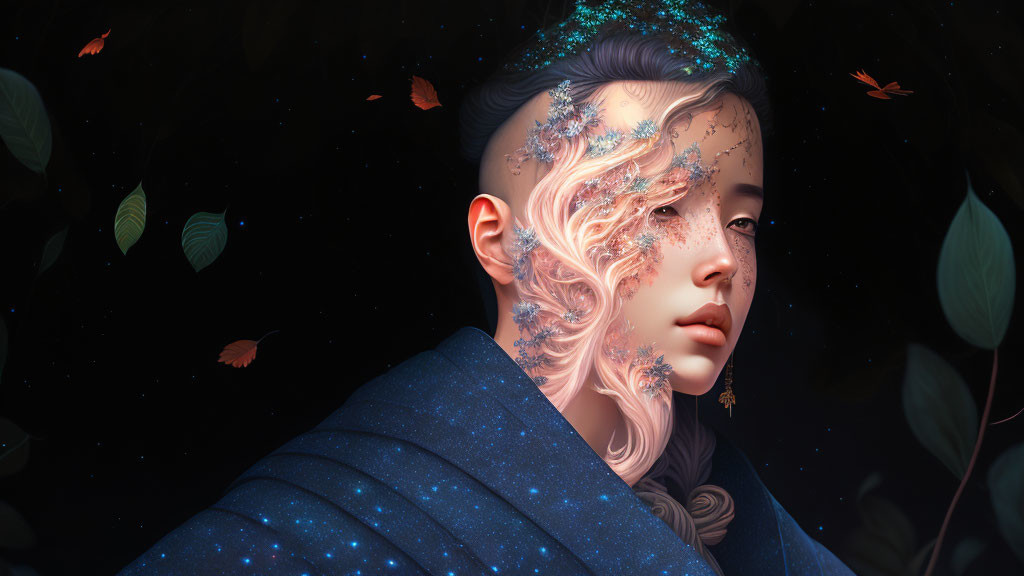 Digital artwork featuring ethereal figure with cosmic and floral elements on starry backdrop