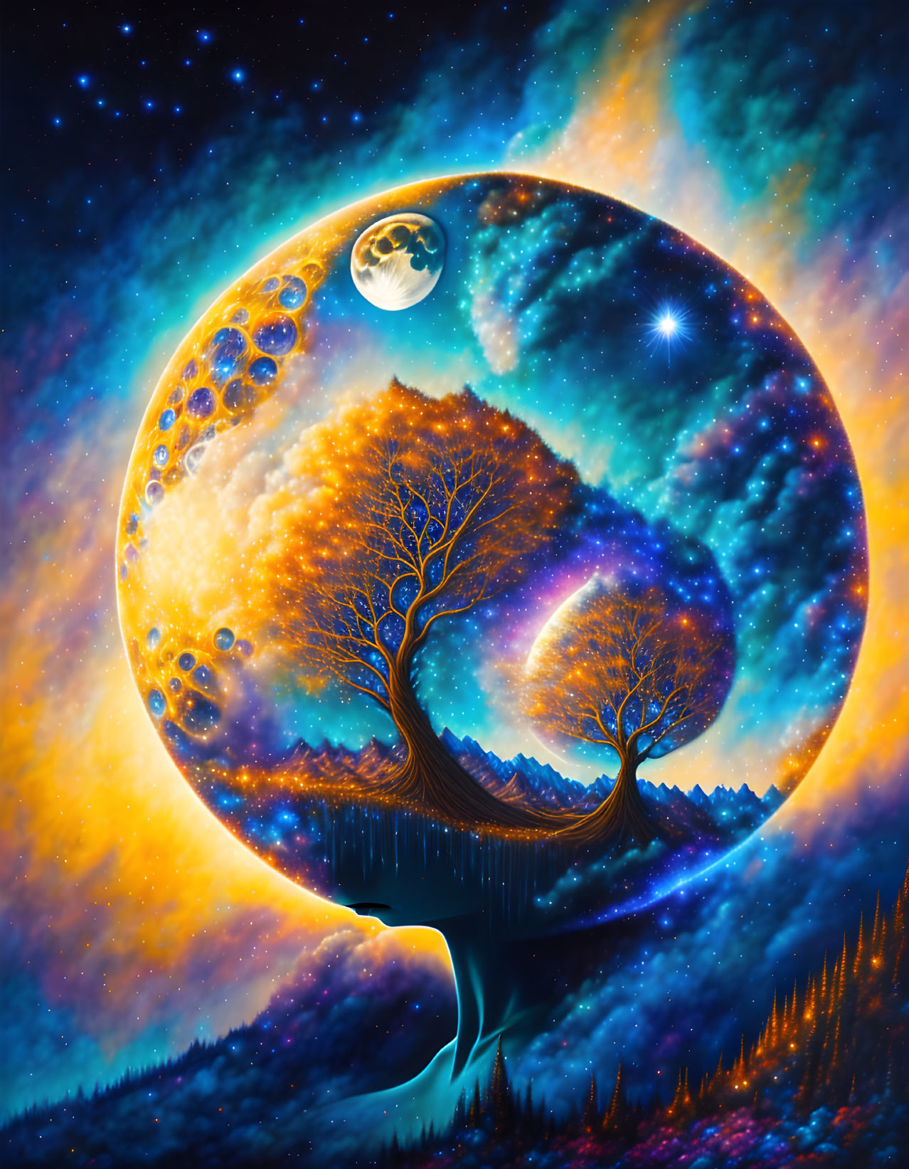 Colorful cosmic painting: Two trees intertwined under starry sky