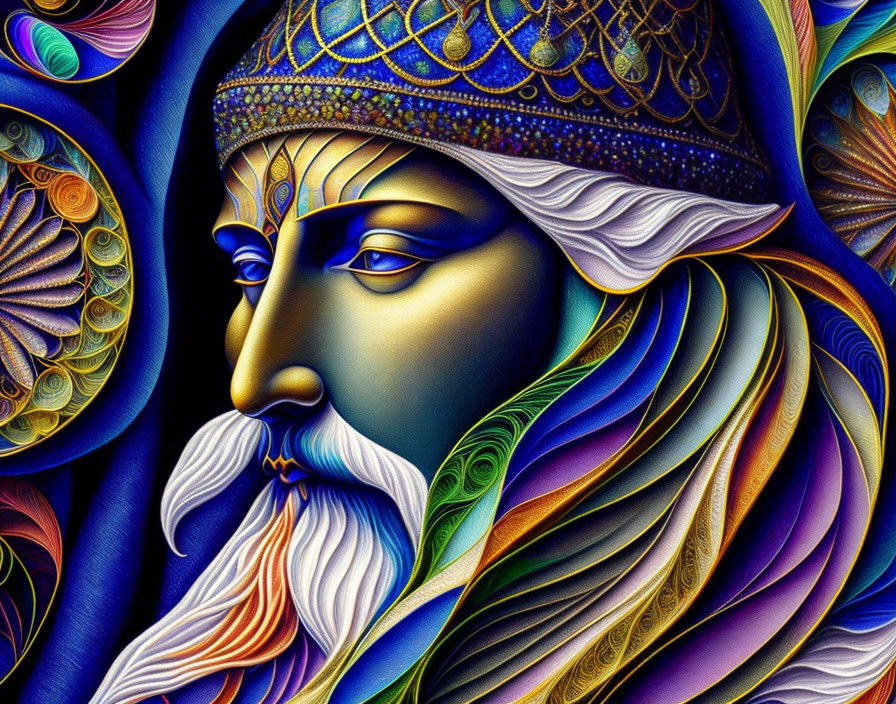 Colorful digital artwork: Bearded figure in ornate helmet