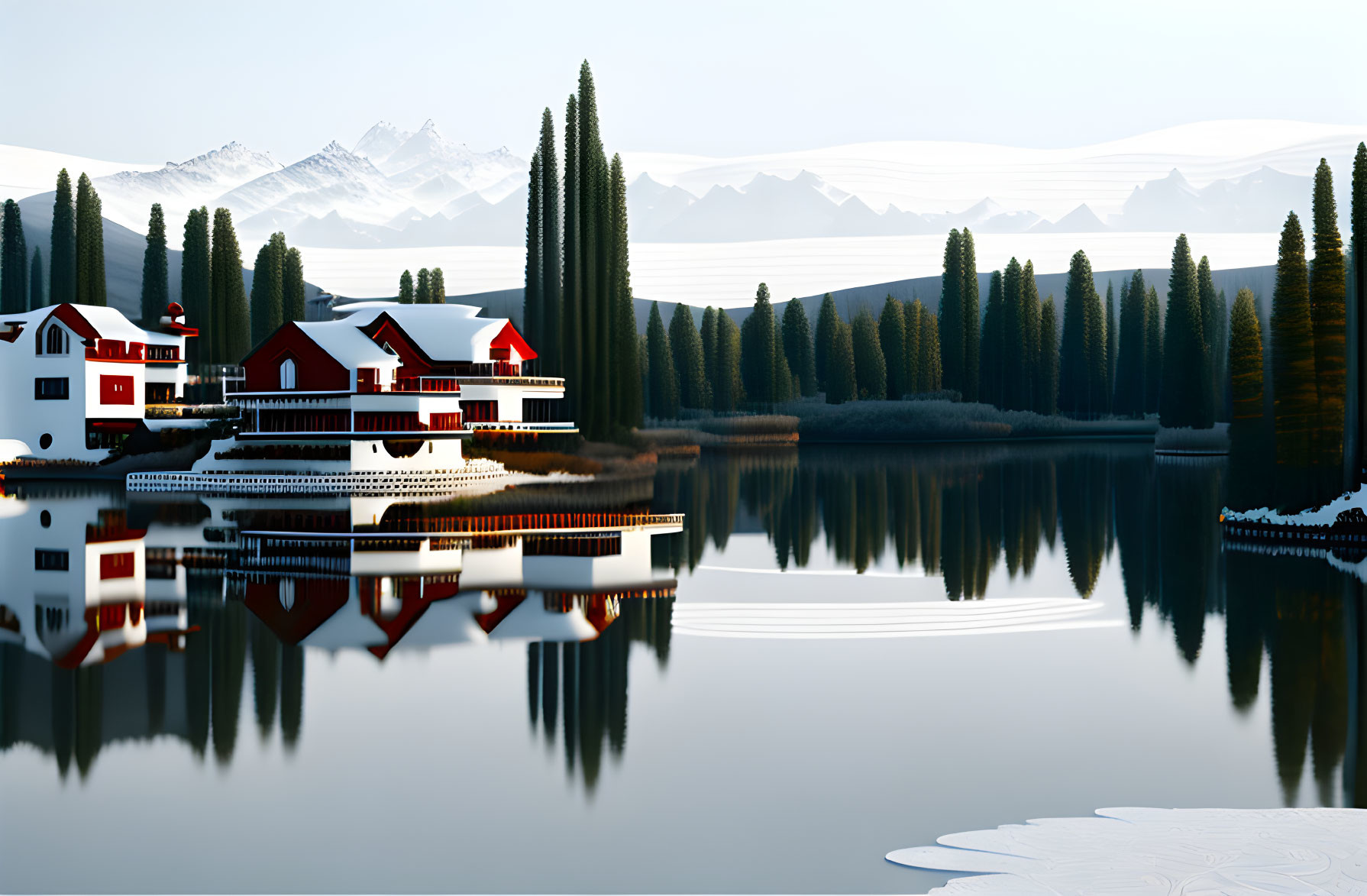 Scenic red-roofed houses near a tranquil lake with pine trees and distant mountains.