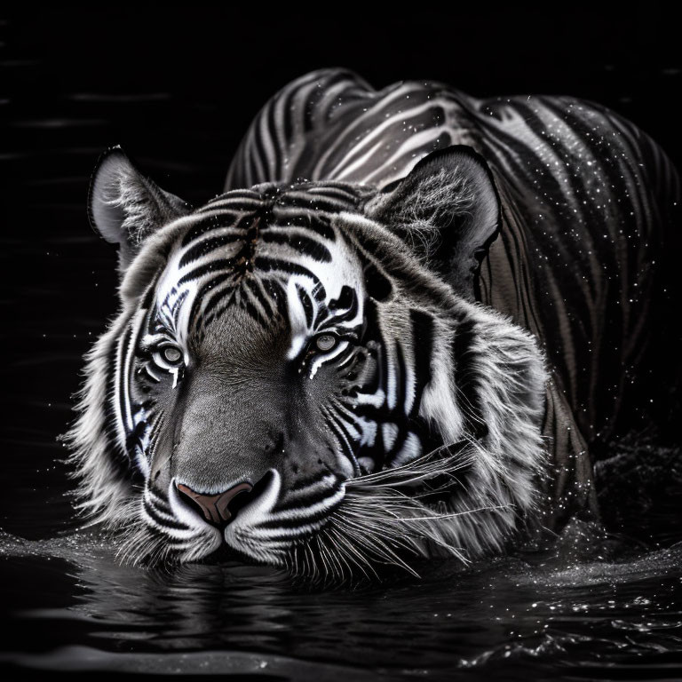 Monochrome tiger face in dark water with ripples