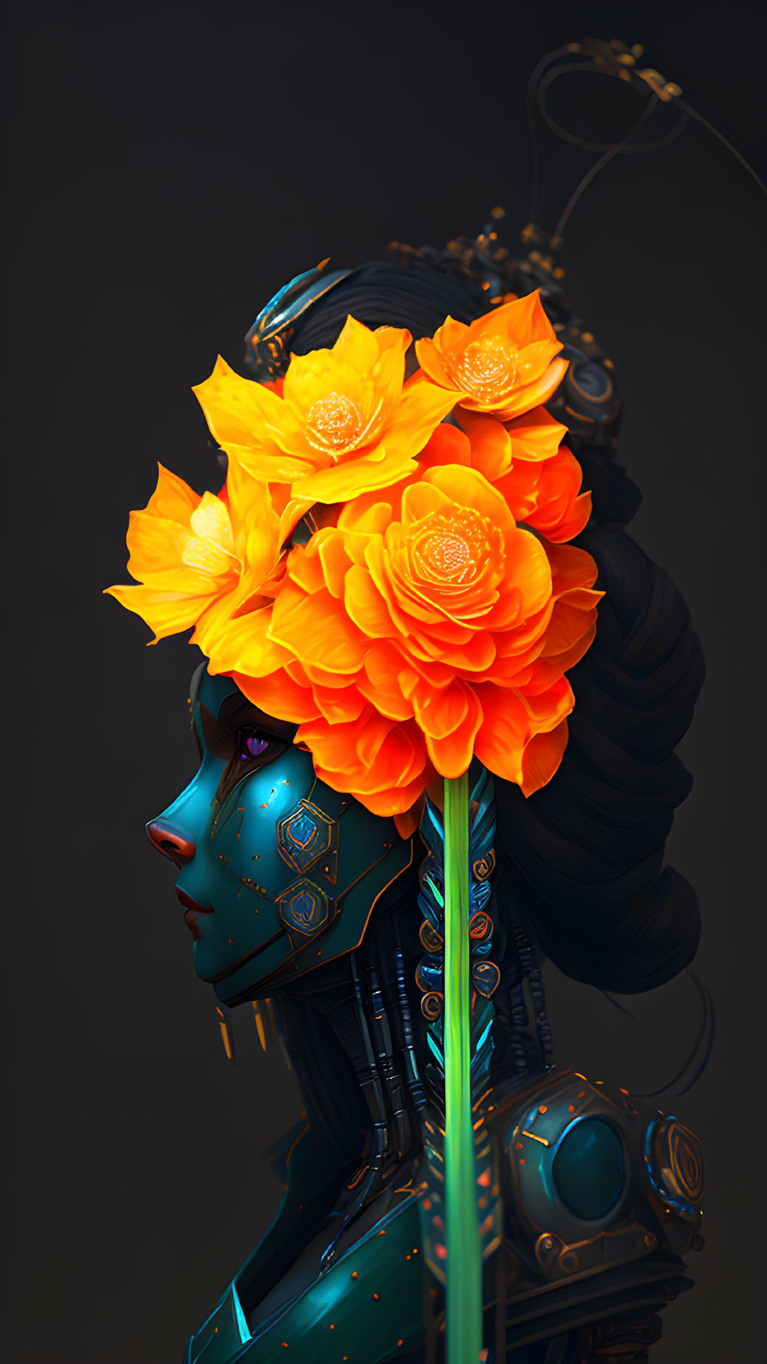 Futuristic digital art: Female figure with cybernetic enhancements and orange flowers on dark backdrop