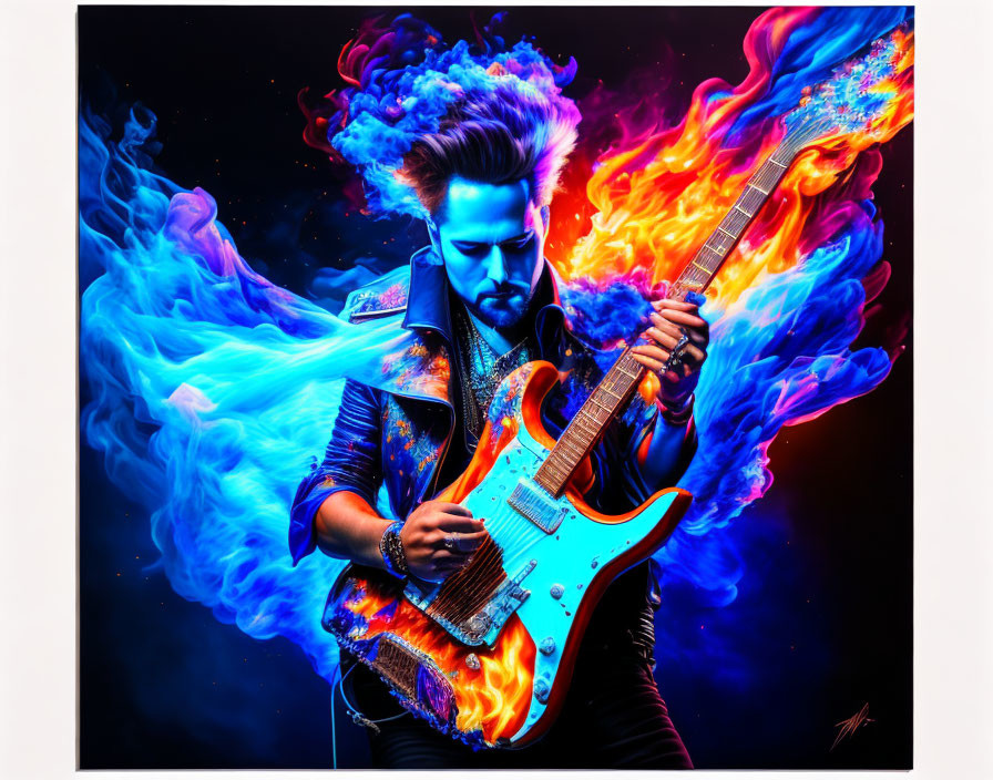 Colorful musician playing electric guitar with flames and smoke.