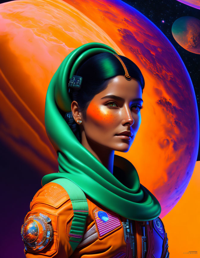 Digital illustration: Woman in orange spacesuit with planetary backdrop