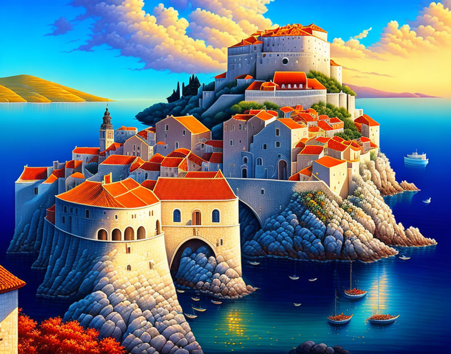 Scenic Mediterranean coastal town illustration with terracotta rooftops and castle by the sea