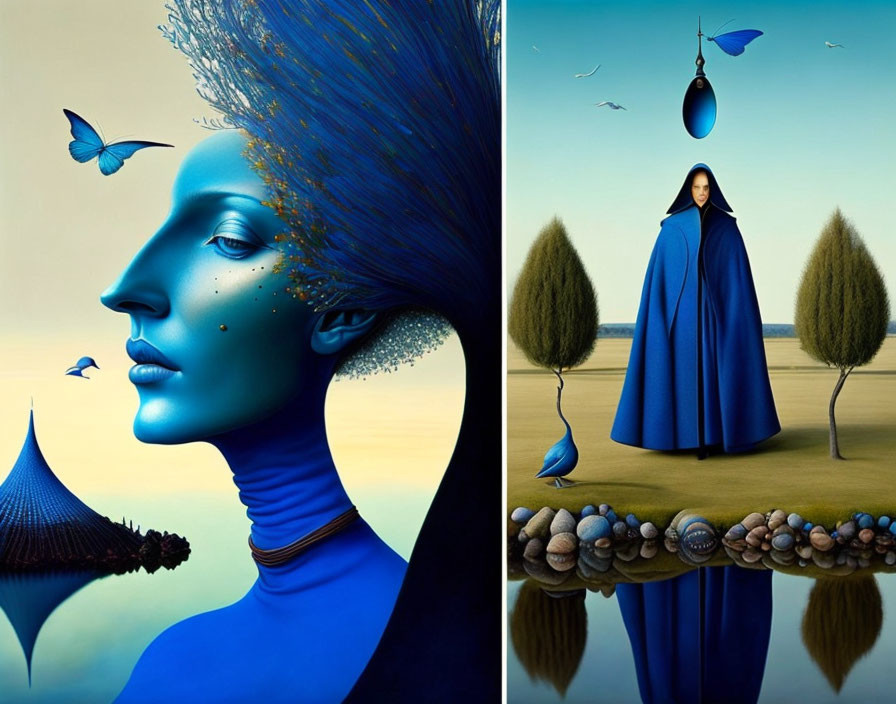 Digital artwork: Blue-skinned woman with spiky hair and butterflies, alongside cloaked figure in