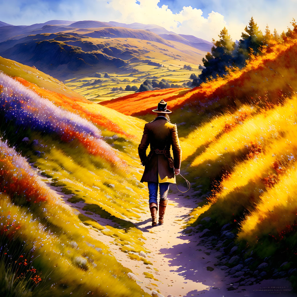 Person in coat and hat walking through vibrant fields and rolling hills