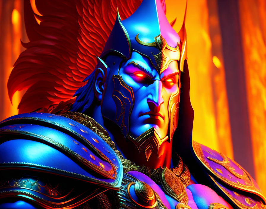 Warrior digital artwork: Vibrant blue and gold armor on orange backdrop