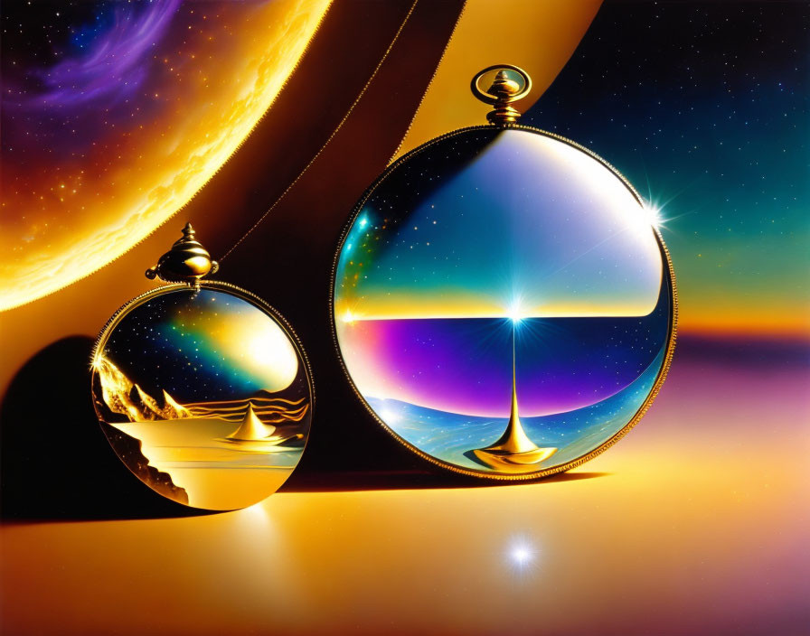 Two floating pocket watches with cosmic landscapes and spinning tops.