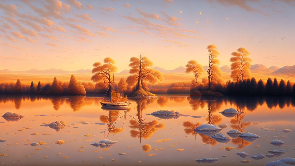 Tranquil twilight scene: golden trees, sailboat, floating leaves, hazy orange sky