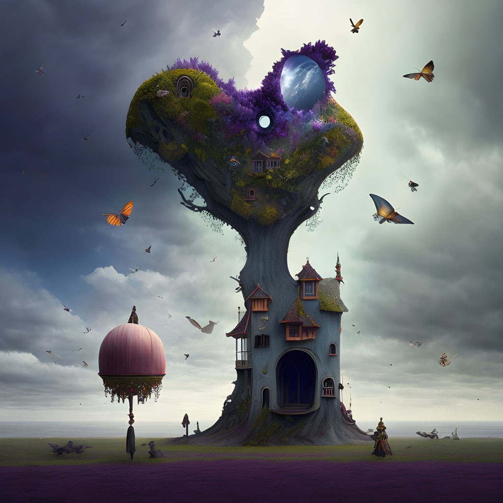 Floating Island with House, Trees, Hot Air Balloon, and Butterflies in Moody Sky