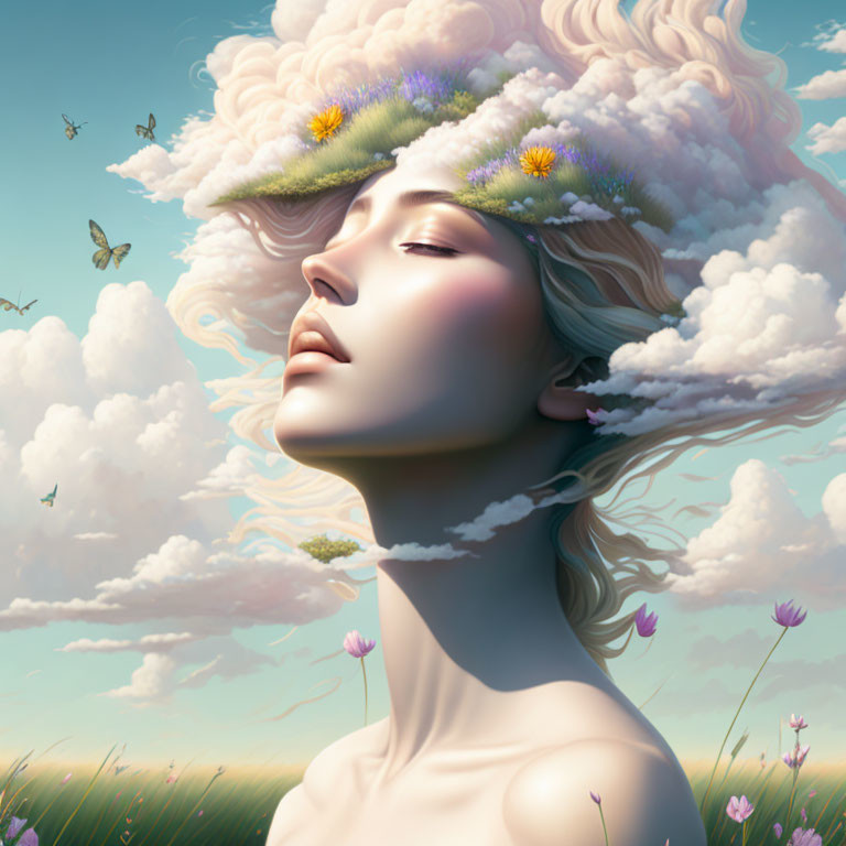 Woman with Cloud Hair and Flowers in Sky with Butterflies