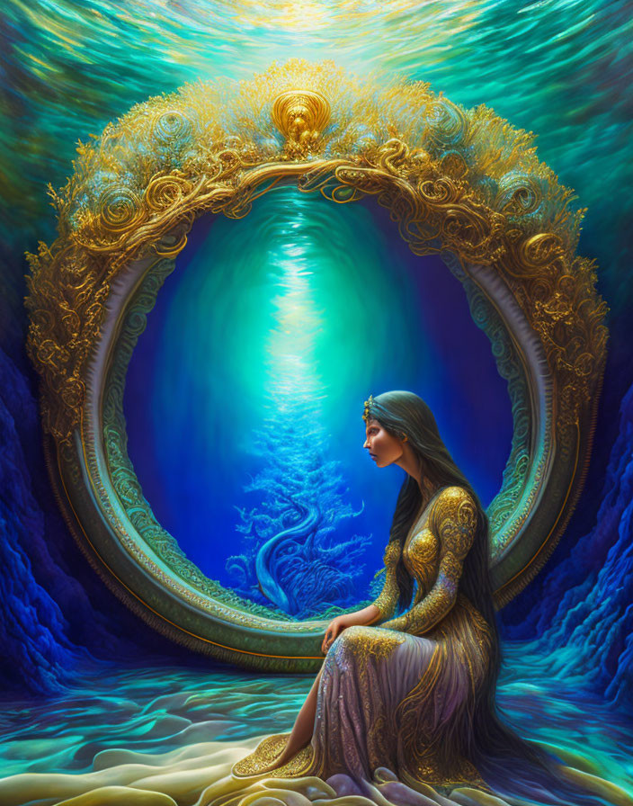 Woman in Golden Dress Beside Ornate Mirror Reflecting Blue World