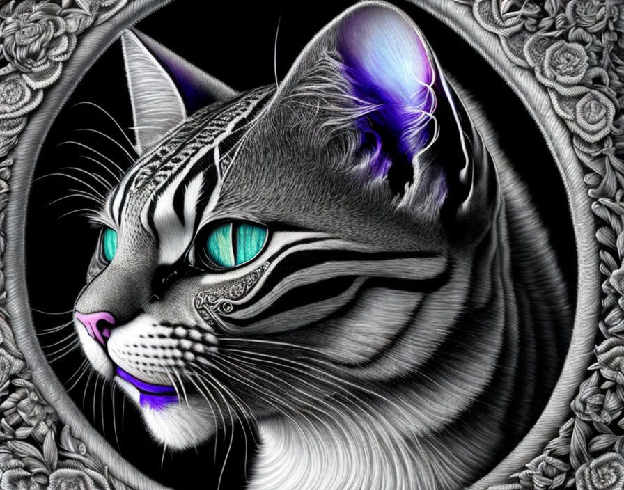 Digitally altered cat with vibrant teal eyes and purple accents in floral background