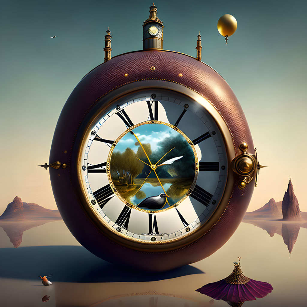 Large Ornate Pocket Watch with Surreal Landscape Scene: Desert, Mountains, Hot Air Balloon,