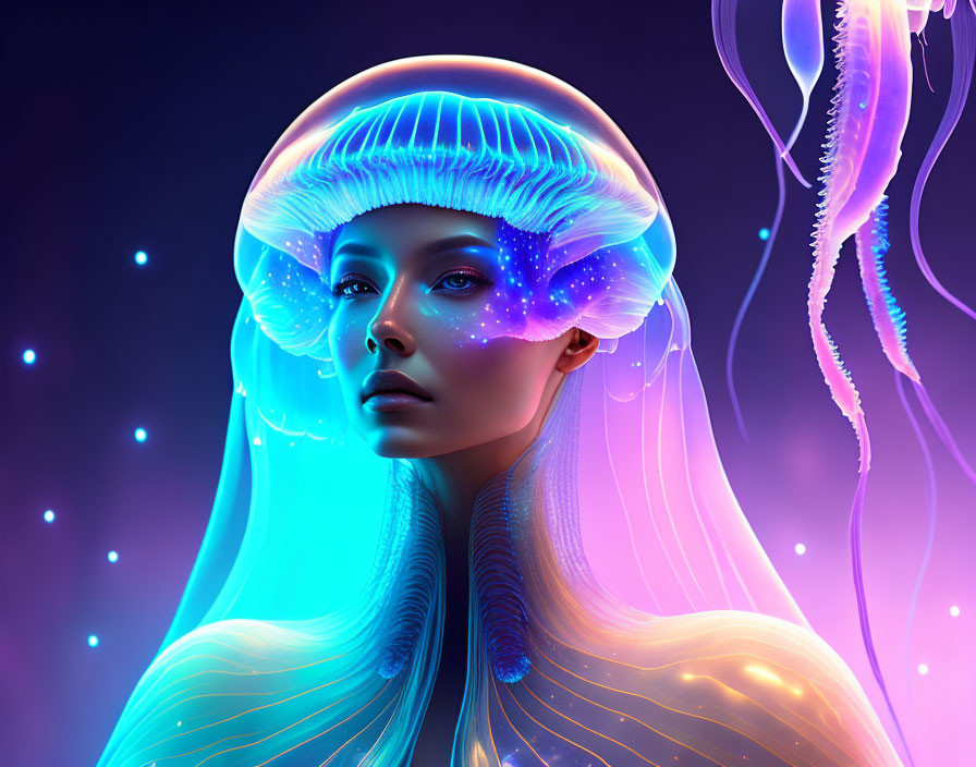 Neon blue and purple jellyfish woman in digital art