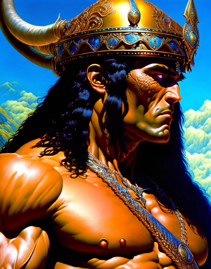 Muscular man with horned helmet and golden crown in mountain landscape