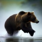 Brown bear splashes in water with misty backdrop