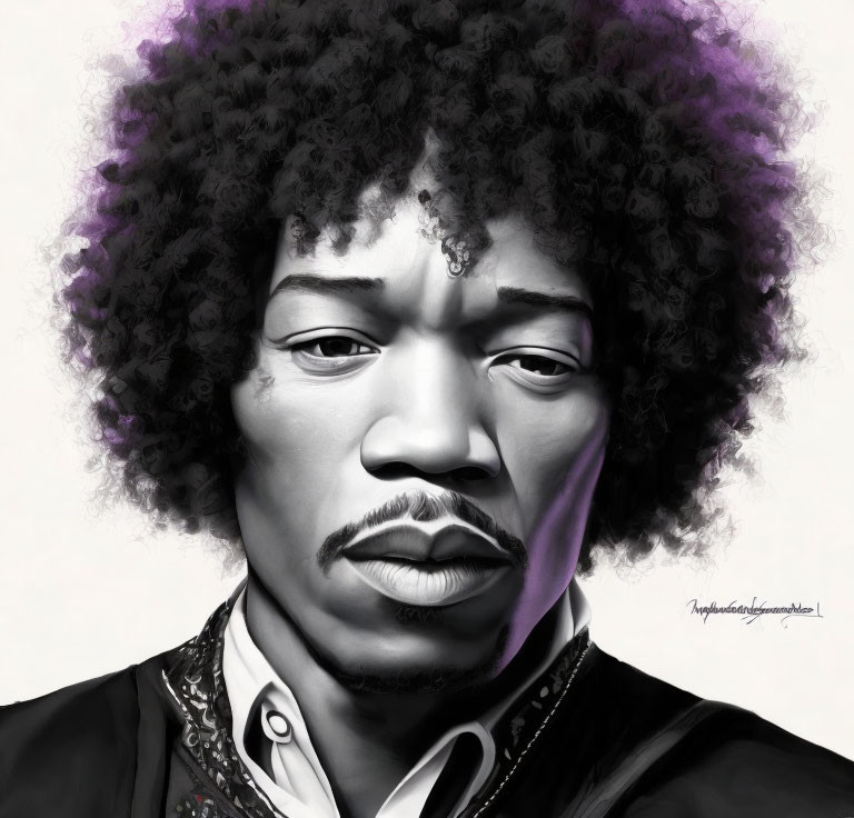 Iconic musician portrait with afro and guitar skills in monochromatic style.