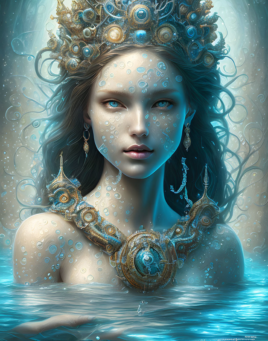 Fantasy artwork featuring woman with blue skin and ocean-themed jewelry in mystical aquatic setting