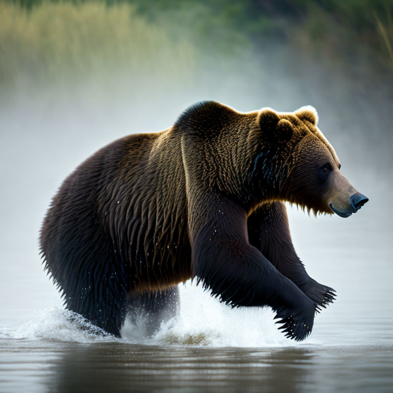 Brown bear splashes in water with misty backdrop