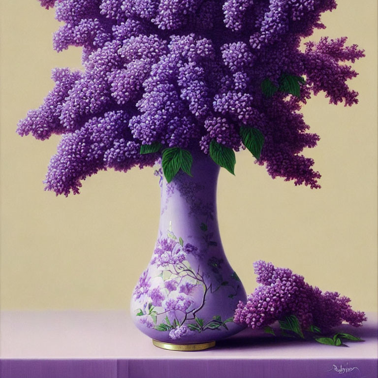 Lilac-filled vase with floral patterns on purple surface against yellow background