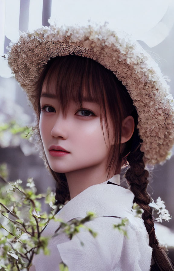 Braided hair woman in flower hat gazes back in floral setting