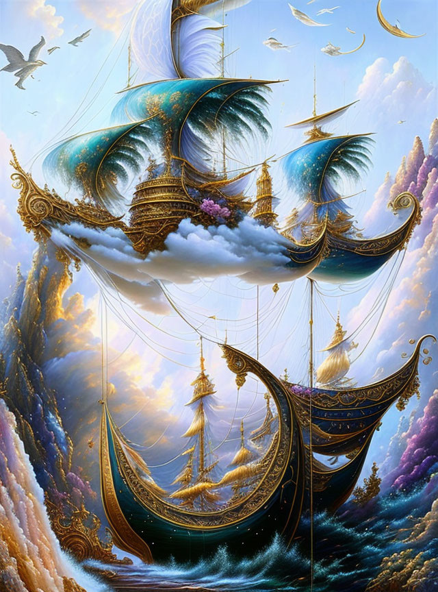 Fantastical artwork of ornate ships sailing through surreal sky