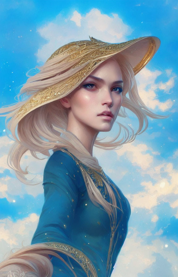 Blonde Woman in Blue Dress and Golden Hat Artwork