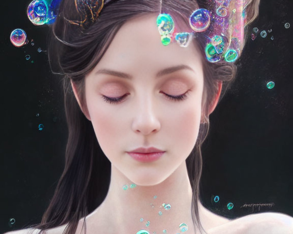 Woman with closed eyes in iridescent bubble and rainbow scene