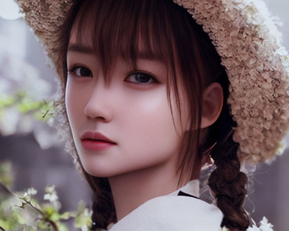 Braided hair woman in flower hat gazes back in floral setting