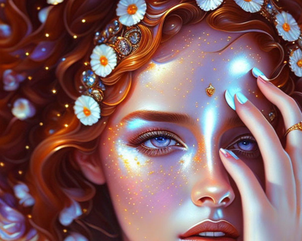 Radiant woman digital portrait with curly hair, flowers, jewels, star-like freckles, and