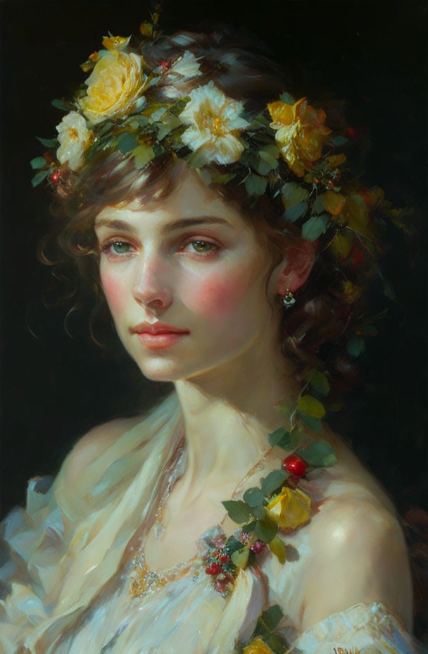 Young woman portrait with floral wreath and gentle gaze in ruffled blouse