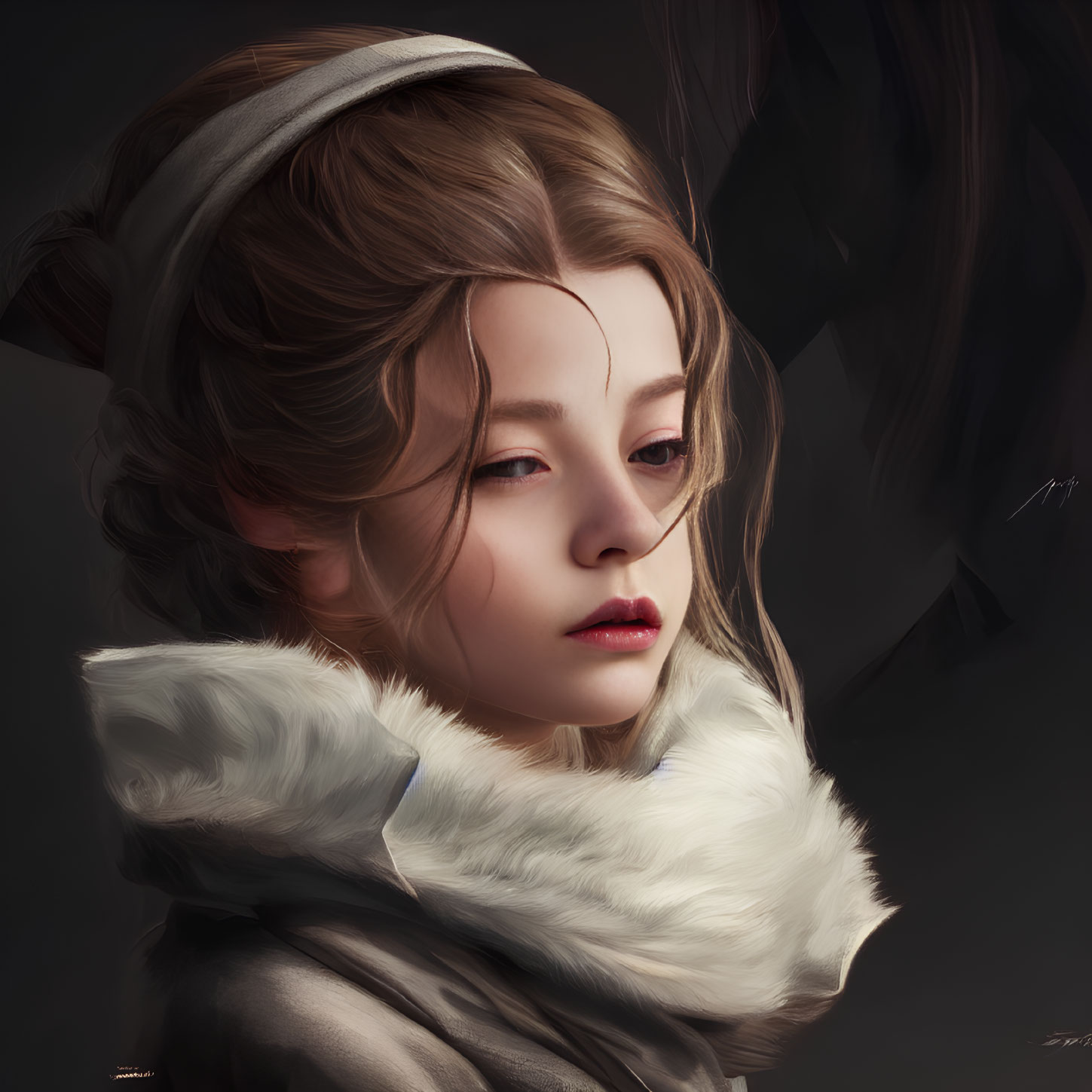 Detailed digital painting of young woman with fur collar and headband