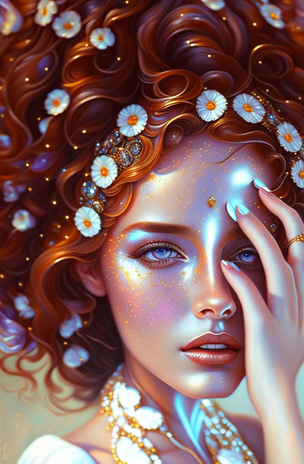 Radiant woman digital portrait with curly hair, flowers, jewels, star-like freckles, and