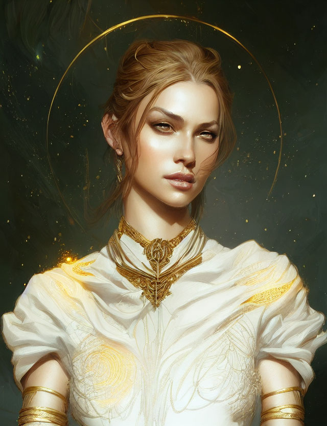 Ethereal woman with glowing halo and golden attire.