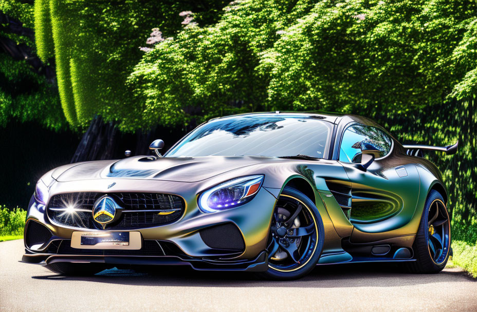 Black Sports Car with Colorful Reflective Paint Job Parked Outdoors